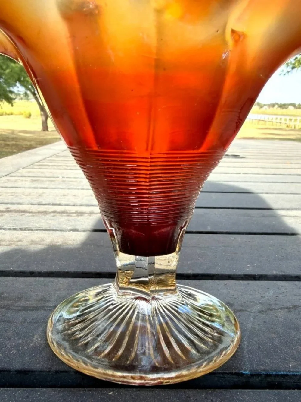 Antique Fenton Fine Rib Marigold Carnival Glass Footed Ruffled Vase c1910